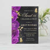 Elegante Lila und Gold-Blume 16 . Geburtstag Einladung (Stehend Vorderseite)