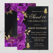 Elegante Lila und Gold-Blume 16 . Geburtstag Einladung (Vorne/Hinten)