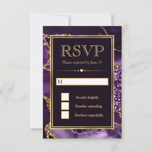 Elegante Lila und Gold Glitzer Agate Wedding RSVP Karte (Vorderseite)