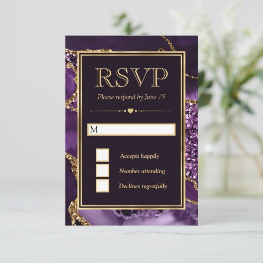 Elegante Lila und Gold Glitzer Agate Wedding RSVP Karte (Stehend Vorderseite)