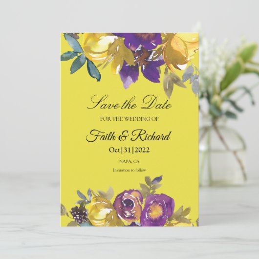 Elegante Lila und Gold-Hochzeit im Herbst Save the Save The Date (Stehend Vorderseite)