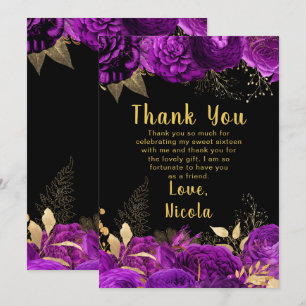 Elegante lila und goldene Blumen Sweet Sixteen Dankeskarte