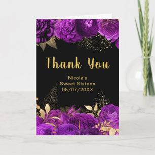 Elegante lila und goldene Blumen Sweet Sixteen Dankeskarte