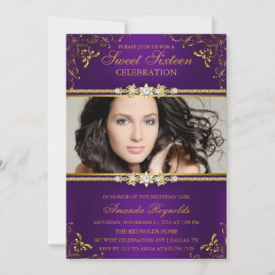 Elegante lila und goldene Blumen-Sweet-Sixteen-Ein Einladung