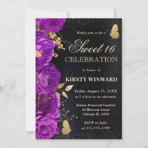 Elegante lila und goldene Blumen Sweet Sixteen Einladung