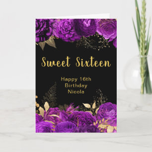 Elegante lila und goldene Blumen Sweet Sixteen Karte