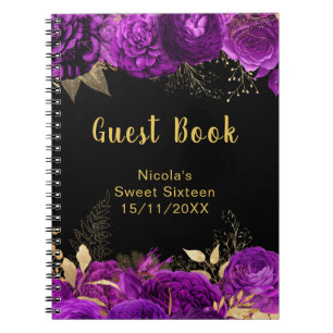 Elegante lila und goldene Blumen Sweet Sixteen Notizblock