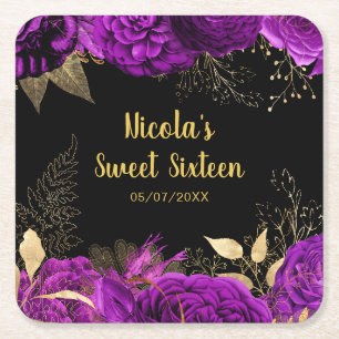 Elegante lila und goldene Blumen Sweet Sixteen Rechteckiger Pappuntersetzer