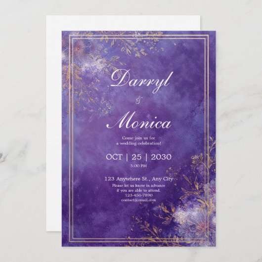 Elegante Lila und goldene Blumenzarge Einladung (Vorne/Hinten)