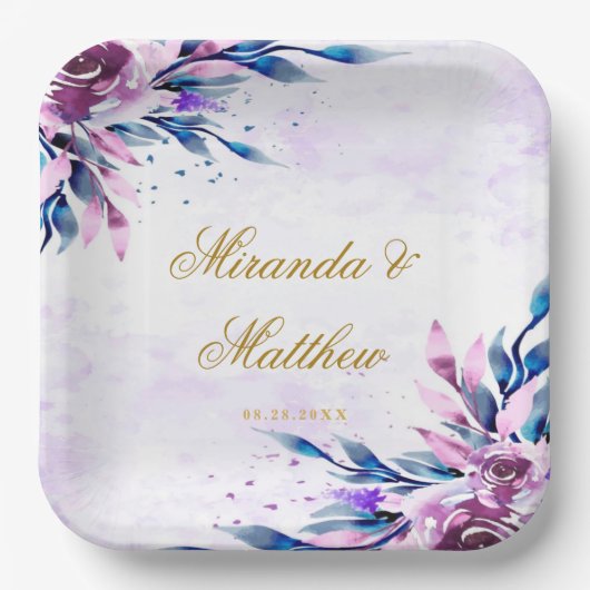 Elegante Lila und goldene Botanische Hochzeiten Pappteller (Vorderseite)