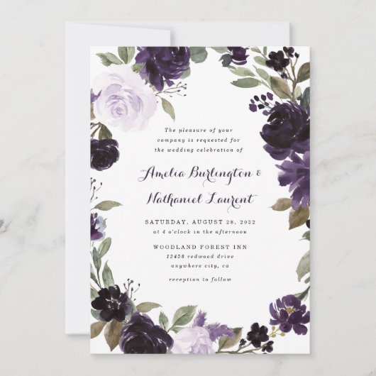 Elegante Lila und goldgrüne Blütenhochzeit Einladung (Vorderseite)