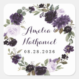 Elegante Lila und goldgrüne Blütenhochzeit Quadratischer Aufkleber