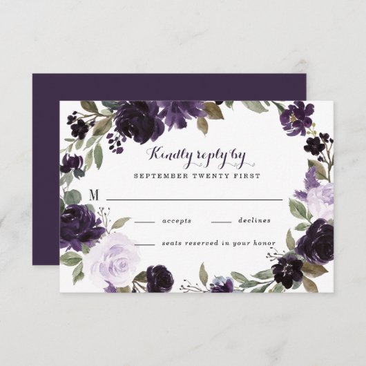Elegante Lila und goldgrüne Blütenhochzeit RSVP Karte (Vorne/Hinten)