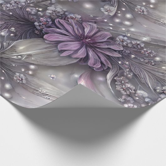Elegante Lila und graue Blüten, Perlen und leichte Geschenkpapier (Ecke)