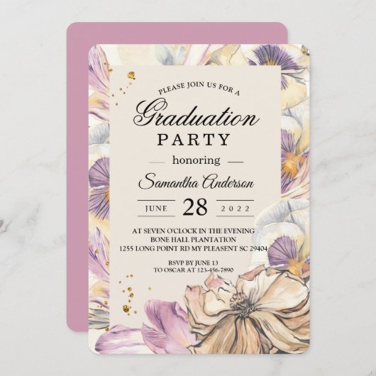 Elegante Lila- und Pansy-Blumenstudium Einladung (Vorne/Hinten)