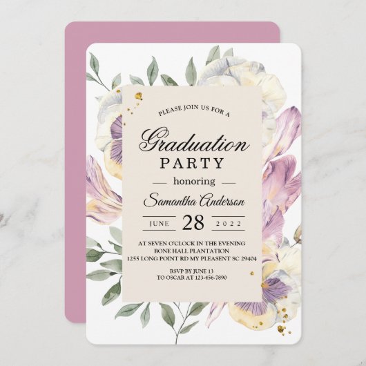 Elegante Lila- und Pansy-Blumenstudium Einladung (Vorne/Hinten)