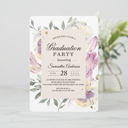 Elegante Lila- und Pansy-Blumenstudium Einladung (Stehend Vorderseite)