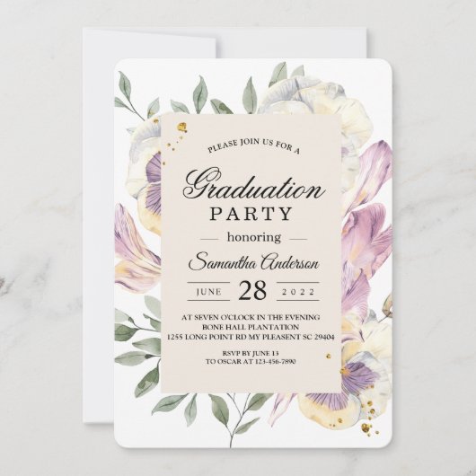 Elegante Lila- und Pansy-Blumenstudium Einladung (Vorderseite)