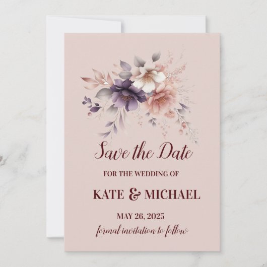 Elegante Lila und peach Blush Bloral Wedding Save The Date (Vorderseite)