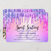 Elegante lila und rosa Glitzer Tropfen 16 . Geburt Einladung (Vorne/Hinten)