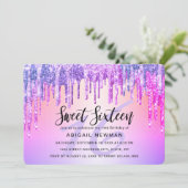 Elegante lila und rosa Glitzer Tropfen 16 . Geburt Einladung (Stehend Vorderseite)