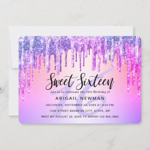 Elegante lila und rosa Glitzer Tropfen 16 . Geburt Einladung