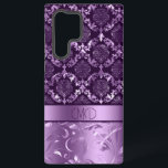 Elegante, lila und schwarze Blumendamasken und Wir Samsung Galaxy Hülle<br><div class="desc">Bild von lila und schwarzen Blumendamken und Wirbel. Benutzerdefiniertes Monogramm.</div>