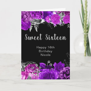 Elegante lila und silberne Blumen Sweet Sixteen Karte