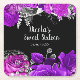 Elegante lila und silberne Blumen Sweet Sixteen Rechteckiger Pappuntersetzer