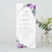 Elegante Lila und silberne Hochzeitsempfehlung Menükarte (Stehend Vorderseite)