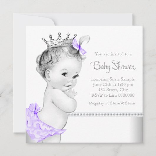 Elegante Lila und Silver Baby Dusche Einladung (Vorderseite)