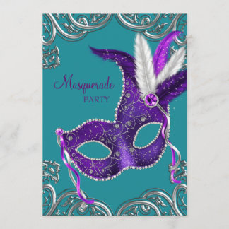 Elegante lila und türkisblaue Maskenparty Einladung