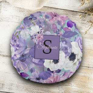 Elegante Lila und violette Wildblumen und Monogram Rundes Kissen