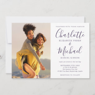 Elegante lila Unterschrift Schrift Fotos Hochzeit Einladung