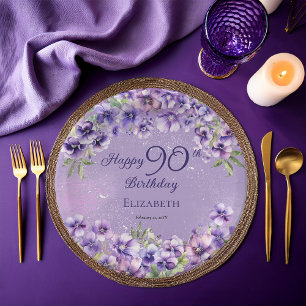 Elegante lila Veilchen Blumen Happy 90. Geburtstag Pappteller