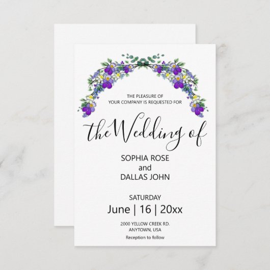 Elegante lila Veilchen-Eukalyptus-Hochzeit Einladung (Vorne/Hinten)