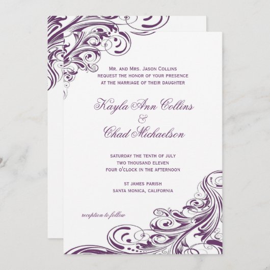 Elegante Lila Verzierte Hochzeit Einladung (Vorne/Hinten)