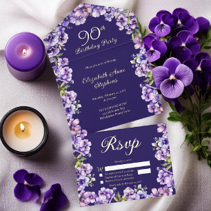 Elegante Lila Violets Floral 90. Geburtstagsparty All-in-One-Einladung