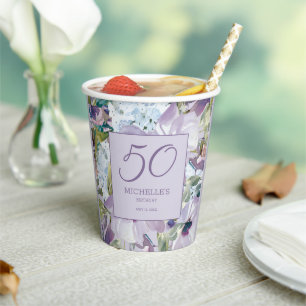 Elegante lila violette Blumen-Grün 50. Geburtstag Pappbecher
