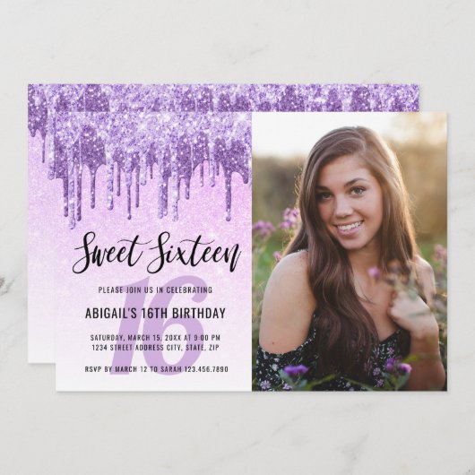 Elegante lila violette Glitzer Tropfen 16 . Geburt Einladung (Vorne/Hinten)