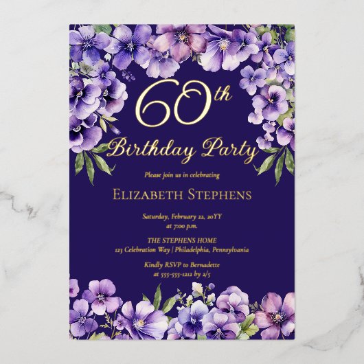 Elegante Lila Violetten Blumenzwiebeln 60. Geburts Folieneinladung (Vorderseite)