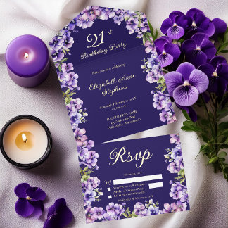 Elegante Lila Violetten Floral 21. Geburtstag Part All-in-One-Einladung