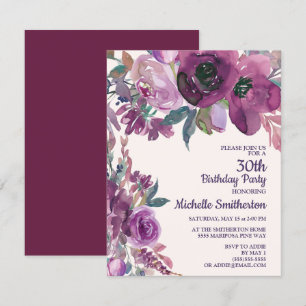 Elegante lila Wasserfarbe-Floral 30. Geburtstag Einladung