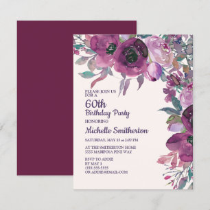 Elegante lila Wasserfarbe-Floral 60. Geburtstag Einladung