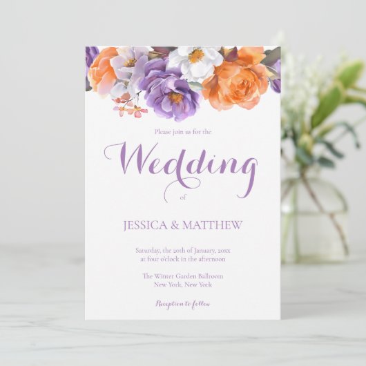 Elegante Lila Wasserfarben-Blume Hochzeit Einladung (Stehend Vorderseite)