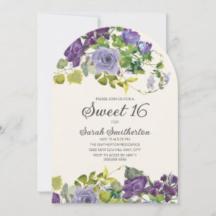 Elegante Lila Wasserfarben Blütenreben Süß 16 Einladung