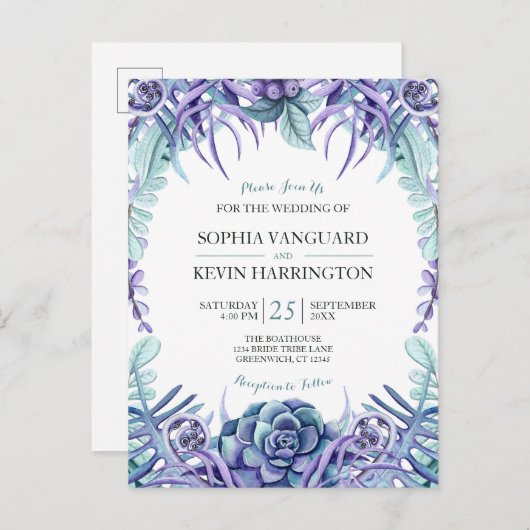 Elegante Lila Wasserfarben Sukkulente Blumenhochze Einladungspostkarte (Vorne/Hinten)