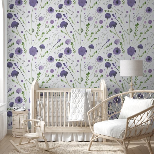 Elegante Lila Wasserfarben Tapete (Elegant Purple Watercolor Floral Wallpaper from Studio Posies.)