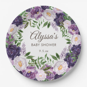 Elegante Lila Wasserfarbenflora Girl Babydusche Pappteller