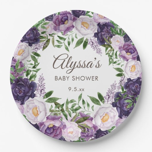 Elegante Lila Wasserfarbenflora Girl Babydusche Pappteller (Vorderseite)